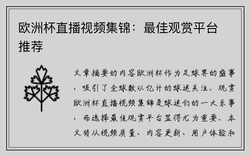 欧洲杯直播视频集锦:最佳观赏平台推荐